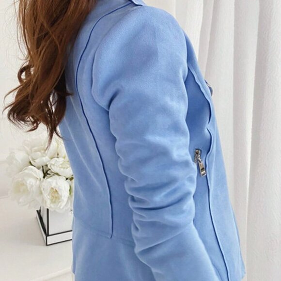 Light Blue Casual Women's Fitted Zip-Up View Collar Short Jacket - Picture 2 of 3